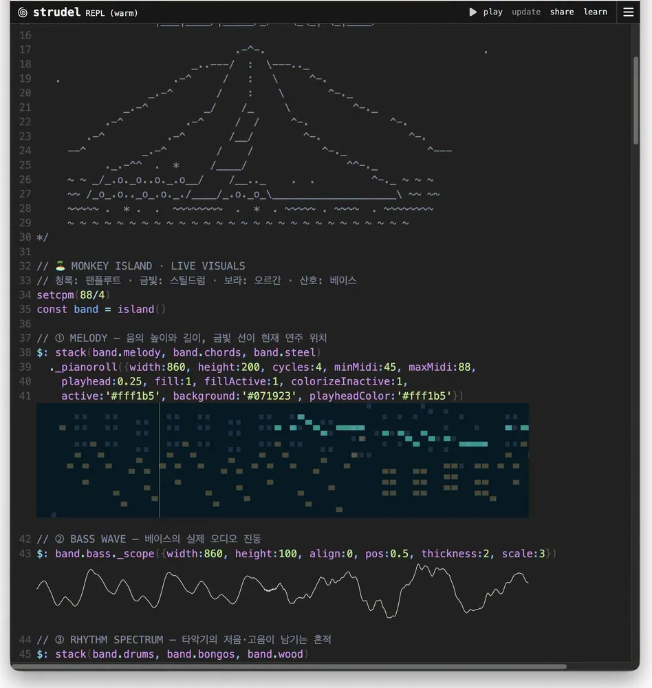 Strudel REPL 아스키 아트 및 오디오 시각화