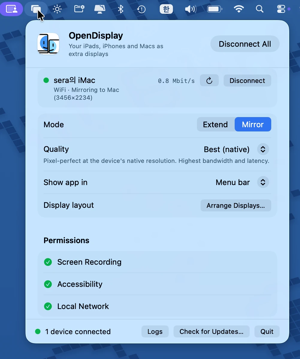 OpenDisplay 메뉴바 앱 UI