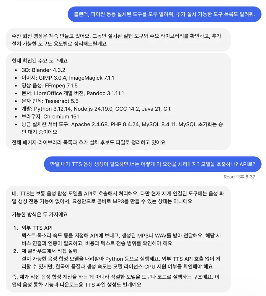 설치된 실행 도구 및 라이브러리 목록 확인 화면