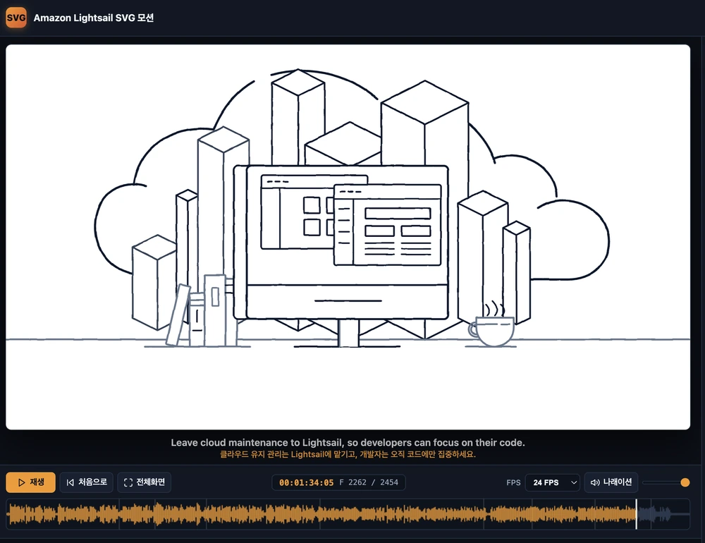 흰 배경에 손그림 느낌의 선으로 표시한 Lightsail SVG 모션 그래픽과 자막
