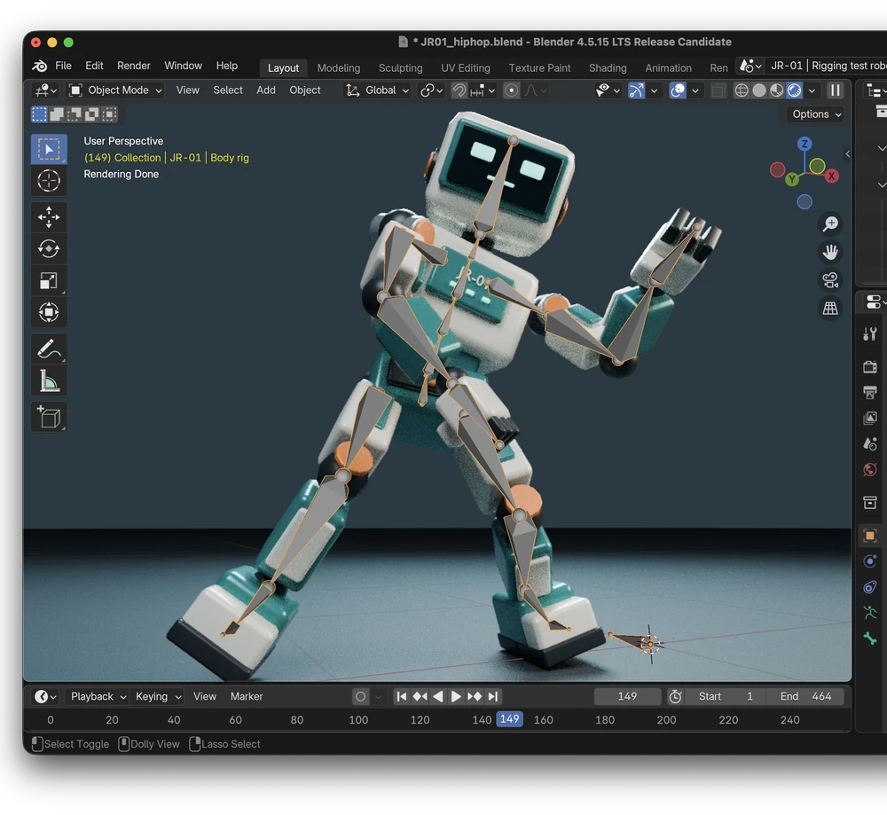 Blender에서 로봇 캐릭터의 뼈대와 힙합 동작을 확인하는 화면