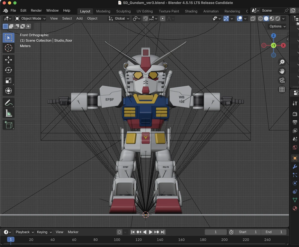 Blender에서 확인한 T 포즈의 SD 건담 3D 모델