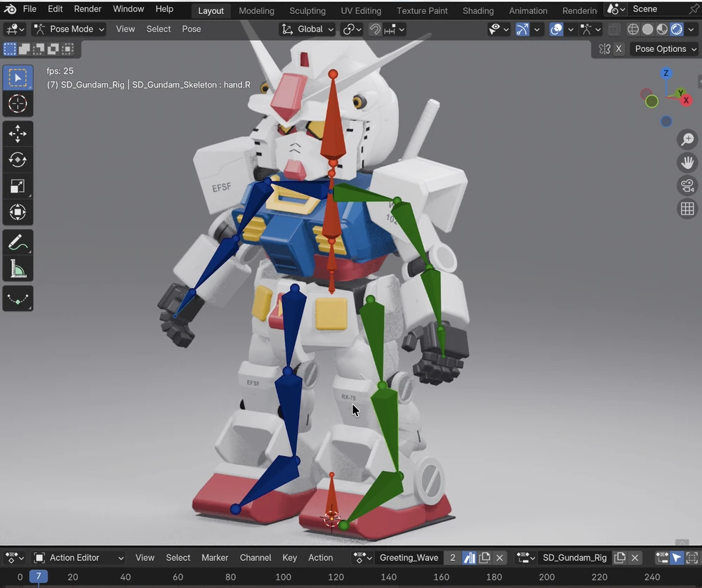 Blender에서 SD 건담의 재질과 리그 뼈대를 확인하는 화면