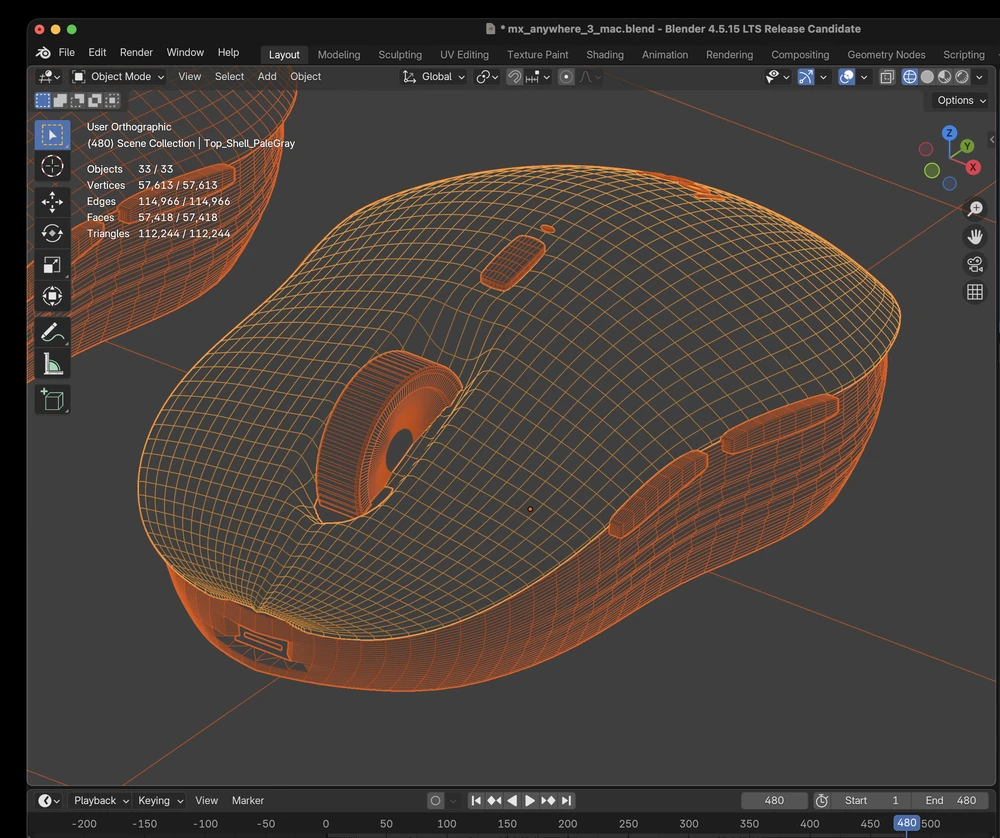Blender에서 확인한 MX Anywhere 마우스의 와이어프레임 모델