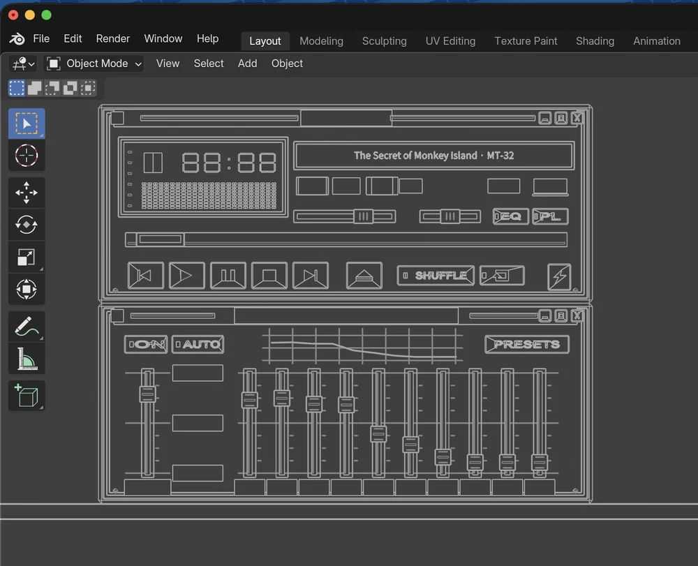 Blender에서 확인한 WINAMP 플레이어와 이퀄라이저의 와이어프레임 모델